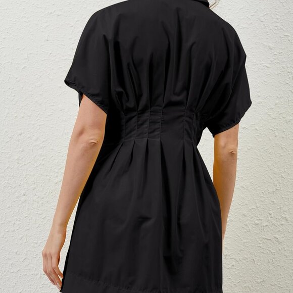 Women’s Cotton Pleated Button-Front Shirt Dress Mini Casual Summer - Picture 3 of 7